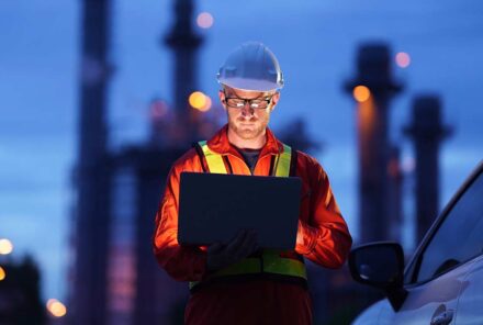 Engineer using laptop working while standing over natural gas power plant
